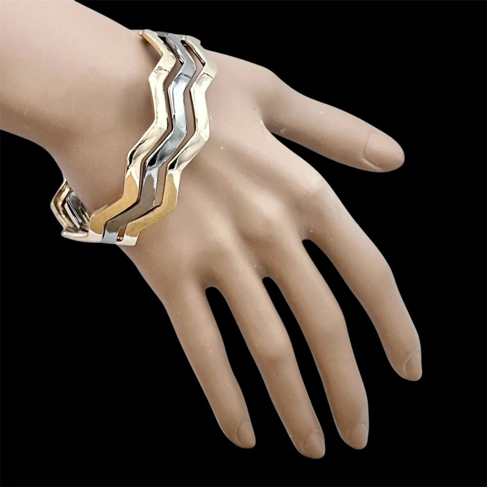 3 Gold Tone & Gun Metal Chevron Bangle Bracelets